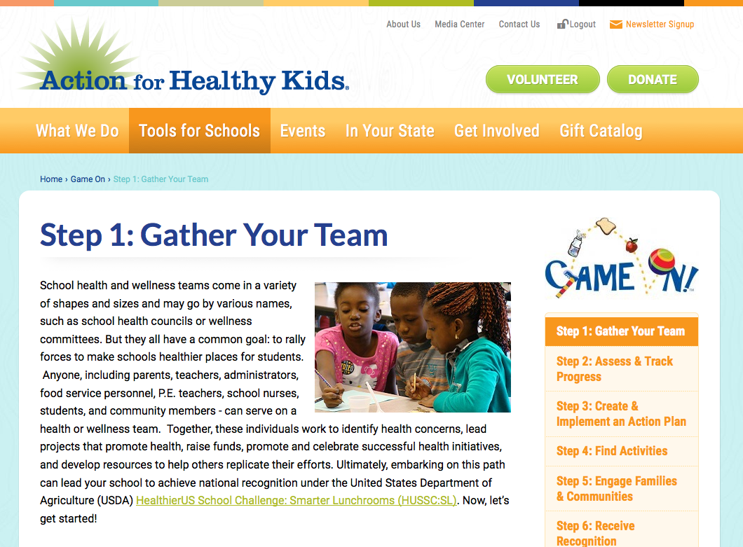 Screenshot of the Action for Healthy Kids Website on the Gather Your Team page